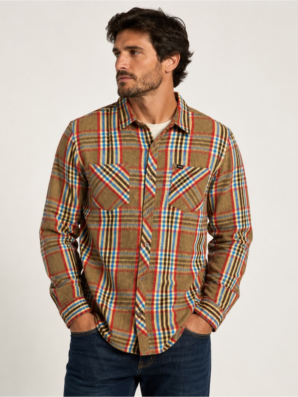 RVCA • PM Tenore Plaid Flannel Shirt Brown Tan Blue Red Heavy Cotton Button Up